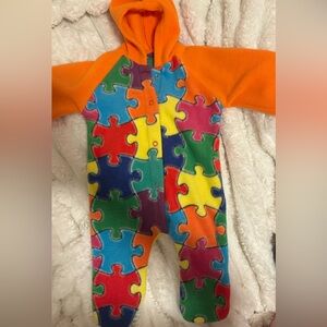 1990s Vintage Colorful Puzzle Fleece Hooded Baby Felt Onesie Orange 0-3M